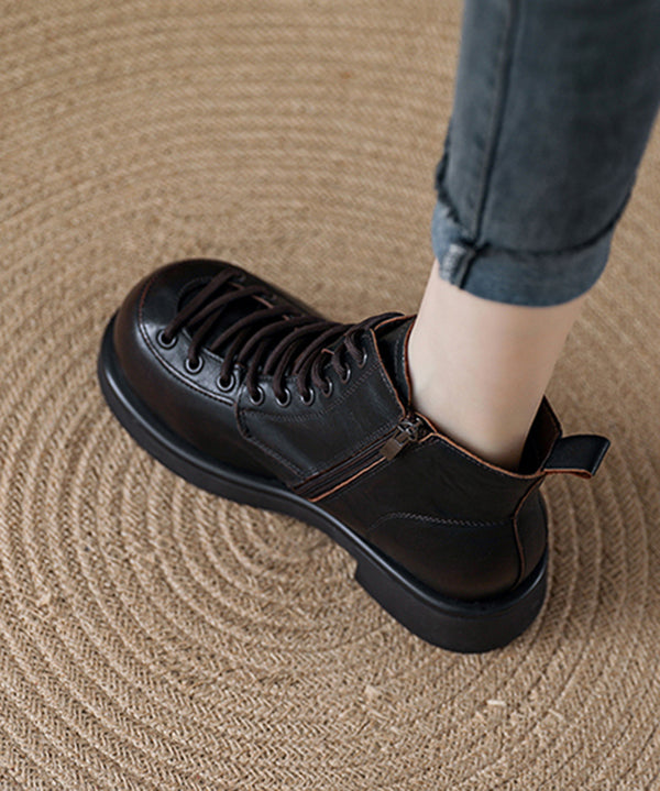 Kaffeefarbene Plateau-Ankle-Boots aus Rindsleder, handgefertigt mit Spleißtechnik