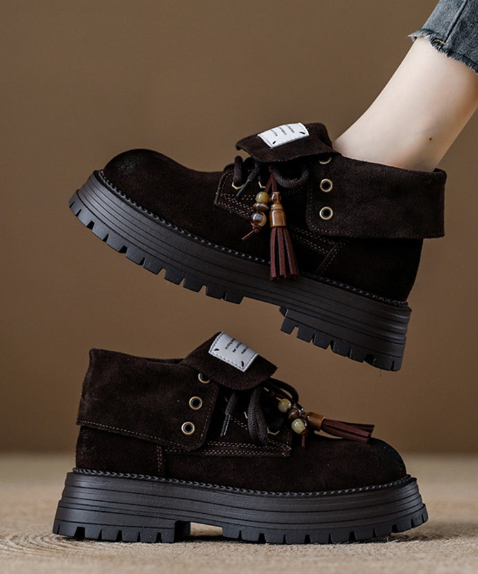 Botas con plataforma de ante color café y empalme único con cordones