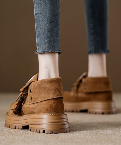 Botas con plataforma de ante color café y empalme único con cordones