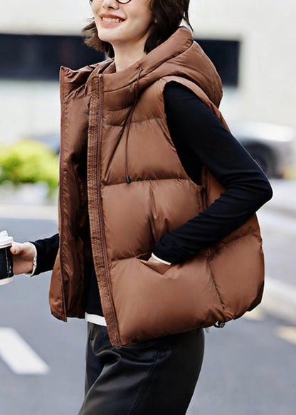 Chaleco de plumón de pato con capucha y cordón ajustable para invierno con bolsillos de café