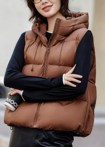 Chaleco de plumón de pato con capucha y cordón ajustable para invierno con bolsillos de café