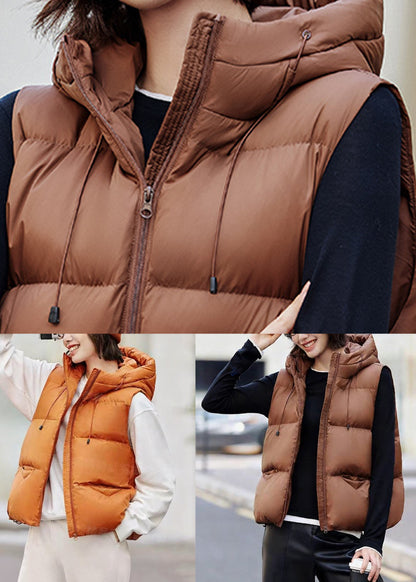 Chaleco de plumón de pato con capucha y cordón ajustable para invierno con bolsillos de café