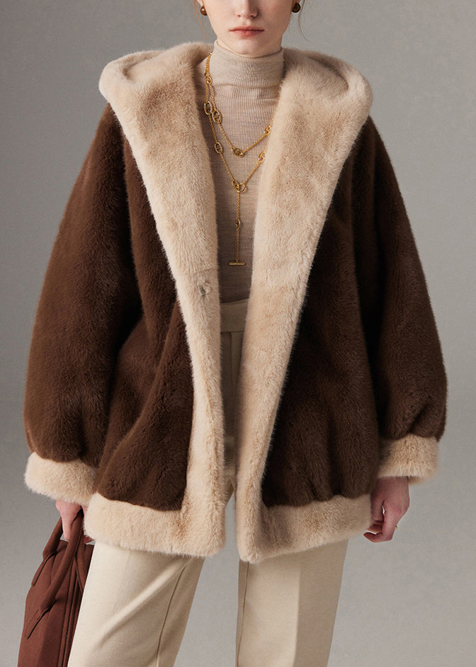 Wintermantel mit Kapuze, Übergröße, Patchwork-Design, Nerzfell, mit Taschen, Kaffeebraun