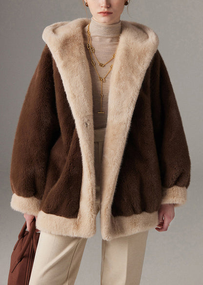 Wintermantel mit Kapuze, Übergröße, Patchwork-Design, Nerzfell, mit Taschen, Kaffeebraun