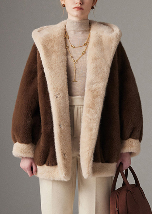 Wintermantel mit Kapuze, Übergröße, Patchwork-Design, Nerzfell, mit Taschen, Kaffeebraun