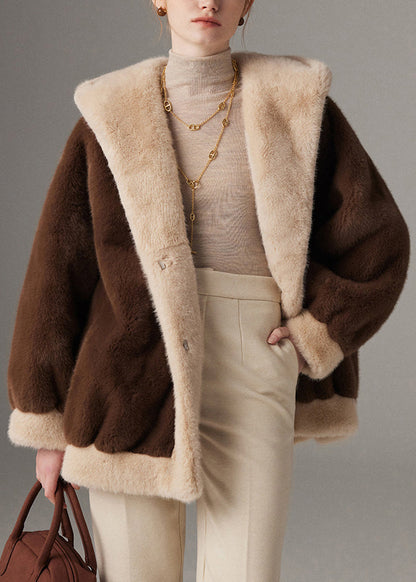 Wintermantel mit Kapuze, Übergröße, Patchwork-Design, Nerzfell, mit Taschen, Kaffeebraun