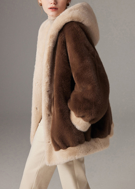 Wintermantel mit Kapuze, Übergröße, Patchwork-Design, Nerzfell, mit Taschen, Kaffeebraun