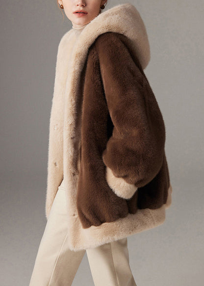 Wintermantel mit Kapuze, Übergröße, Patchwork-Design, Nerzfell, mit Taschen, Kaffeebraun