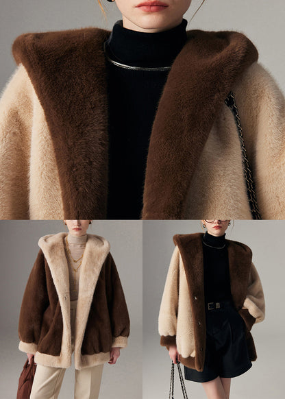 Wintermantel mit Kapuze, Übergröße, Patchwork-Design, Nerzfell, mit Taschen, Kaffeebraun