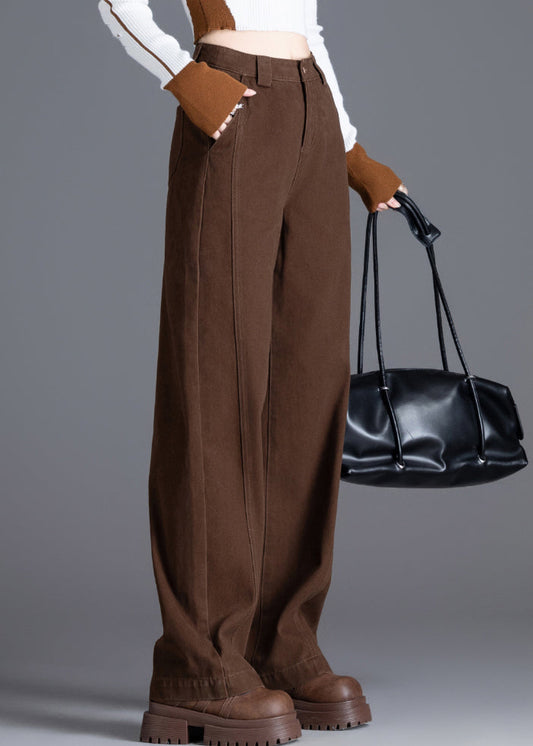 Kaffeefarbene Jeans mit Taschen, einfarbig, hoher Bund, Frühling