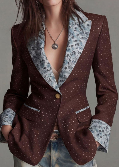 Coffee Print Patchwork Cotton Blazer Jackets Coat Peter Pan Collar Fall