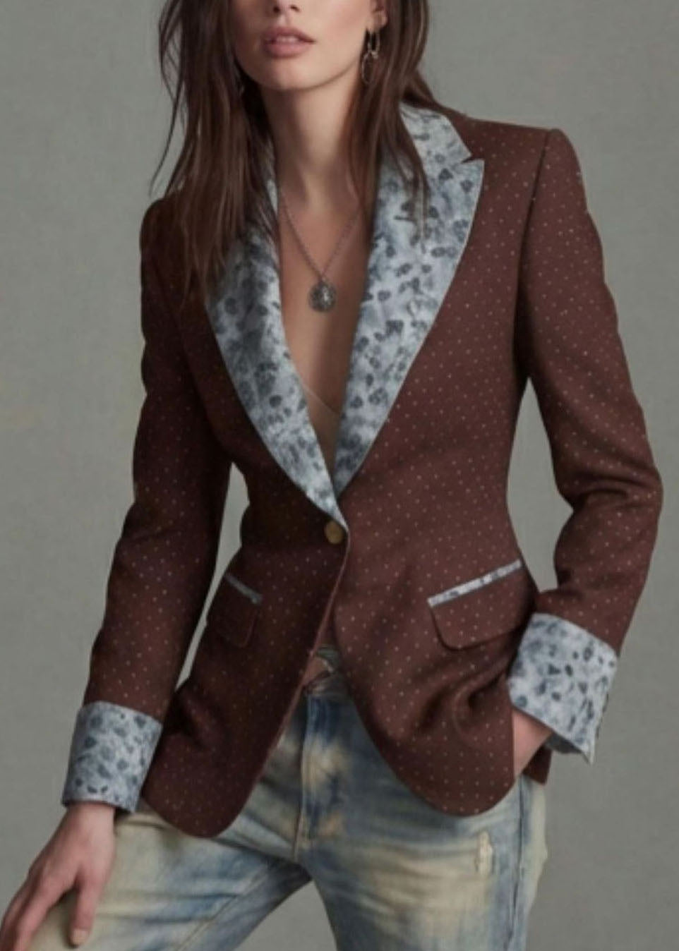 Coffee Print Patchwork Cotton Blazer Jackets Coat Peter Pan Collar Fall