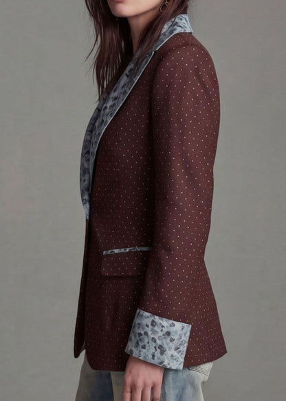 Coffee Print Patchwork Cotton Blazer Jackets Coat Peter Pan Collar Fall