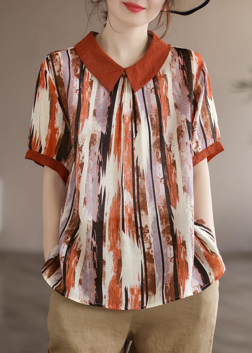 Camiseta de algodón con estampado de café y cuello Peter Pan para verano