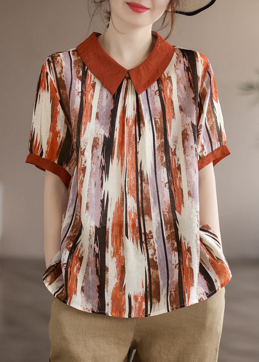 Camiseta de algodón con estampado de café y cuello Peter Pan para verano