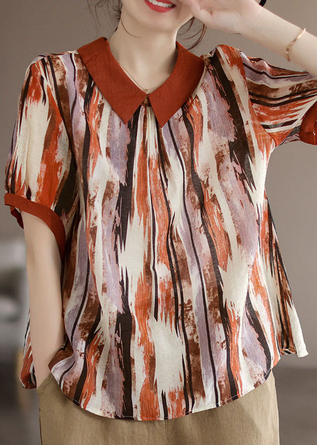 Camiseta de algodón con estampado de café y cuello Peter Pan para verano