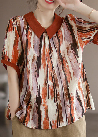 Camiseta de algodón con estampado de café y cuello Peter Pan para verano