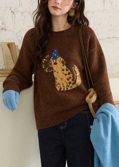 Suéteres de invierno de punto acogedores con cuello redondo para cachorros de café