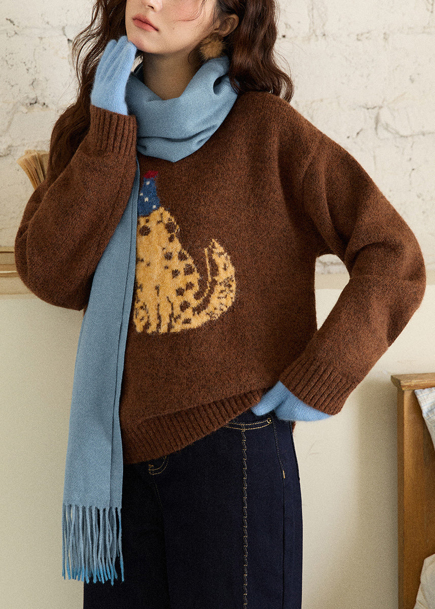 Suéteres de invierno de punto acogedores con cuello redondo para cachorros de café