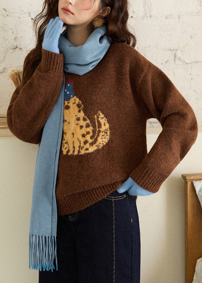 Suéteres de invierno de punto acogedores con cuello redondo para cachorros de café