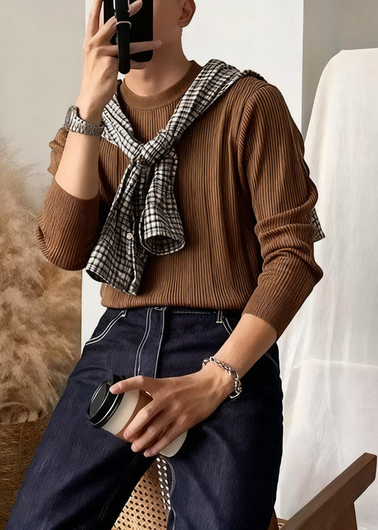 Coffee Striped Cozy Knit Winter Sweater Men O Neck