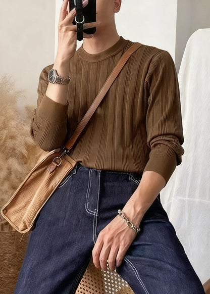 Coffee Striped Cozy Knit Winter Sweater Men O Neck