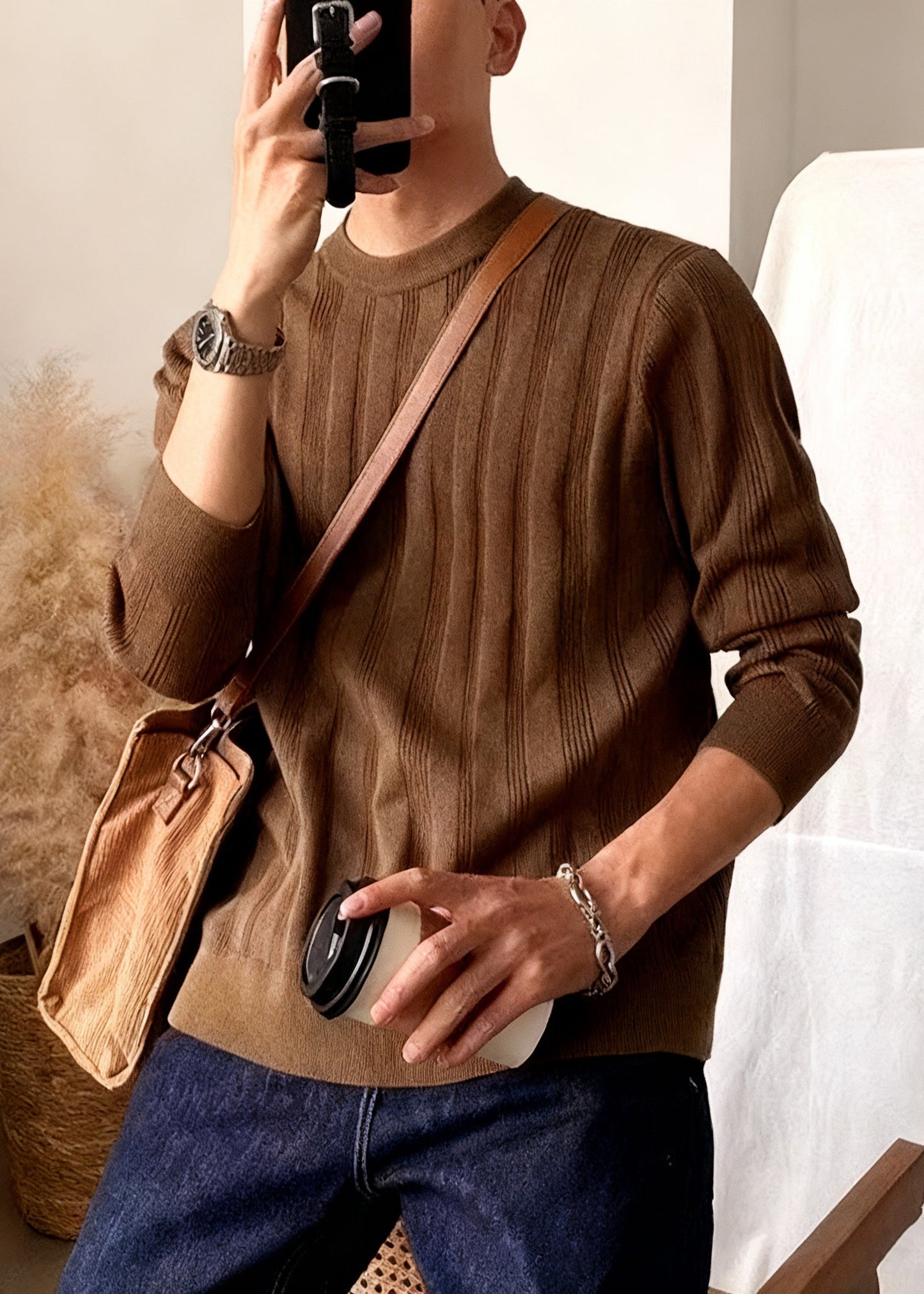 Coffee Striped Cozy Knit Winter Sweater Men O Neck