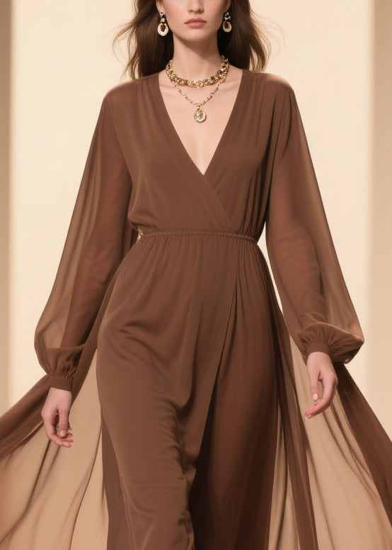 Coffee Wrinkled Solid Chiffon Maxi Dresses V Neck