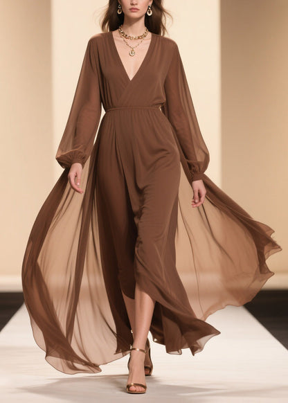 Coffee Wrinkled Solid Chiffon Maxi Dresses V Neck