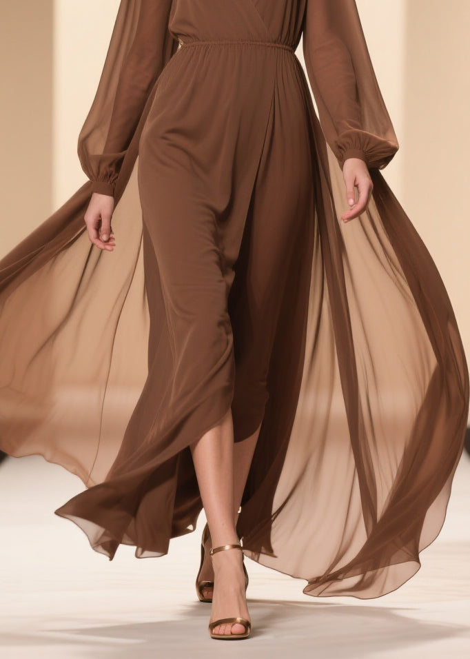 Coffee Wrinkled Solid Chiffon Maxi Dresses V Neck