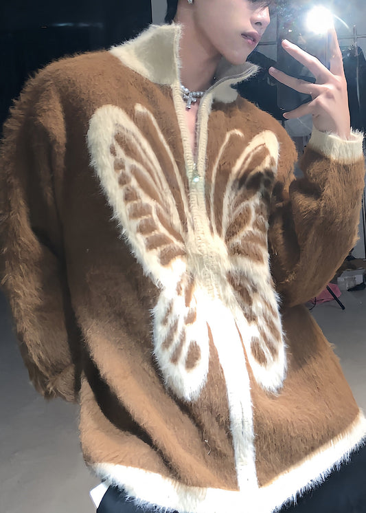 Coffee Zip Up Butterfly Cozy Knit Men Coat Stand Collar