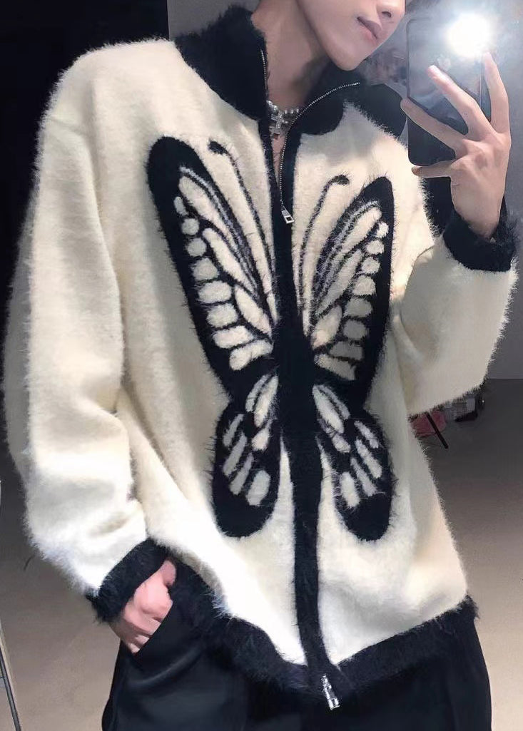 Coffee Zip Up Butterfly Cozy Knit Men Coat Stand Collar