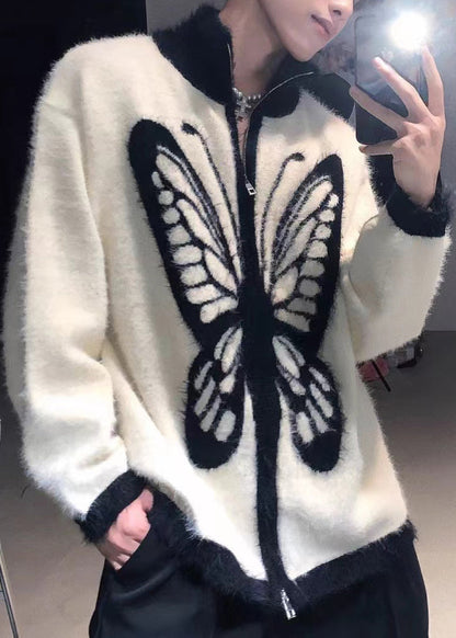 Coffee Zip Up Butterfly Cozy Knit Men Coat Stand Collar