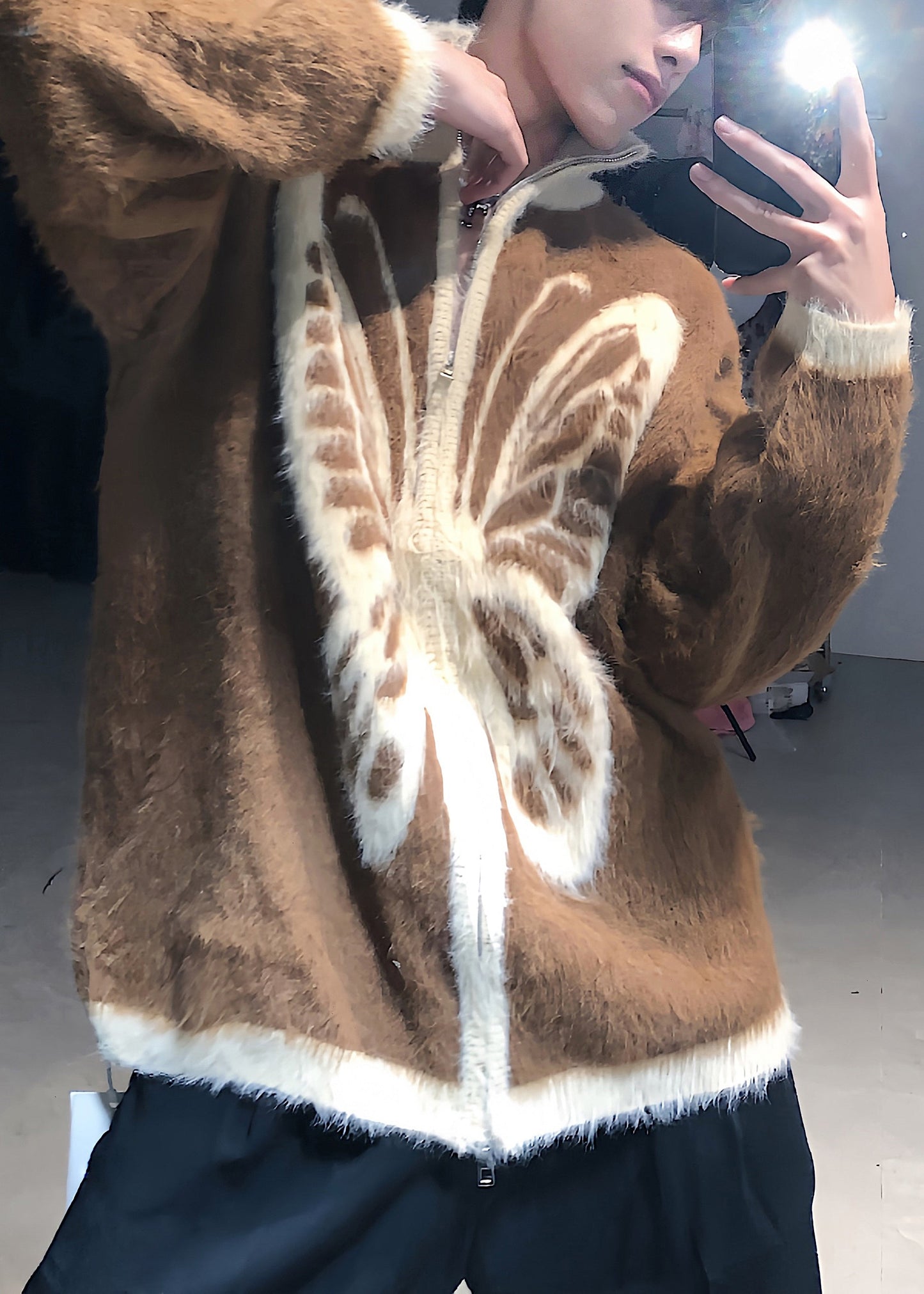 Coffee Zip Up Butterfly Cozy Knit Men Coat Stand Collar