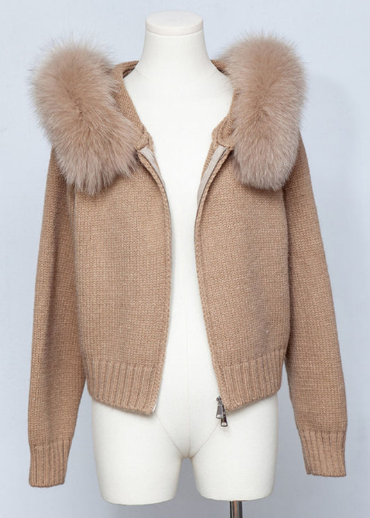 Kaffeebraune, einfarbige Strick-Frühlingsmäntel mit Kapuze und Reißverschluss, Patchwork-Design