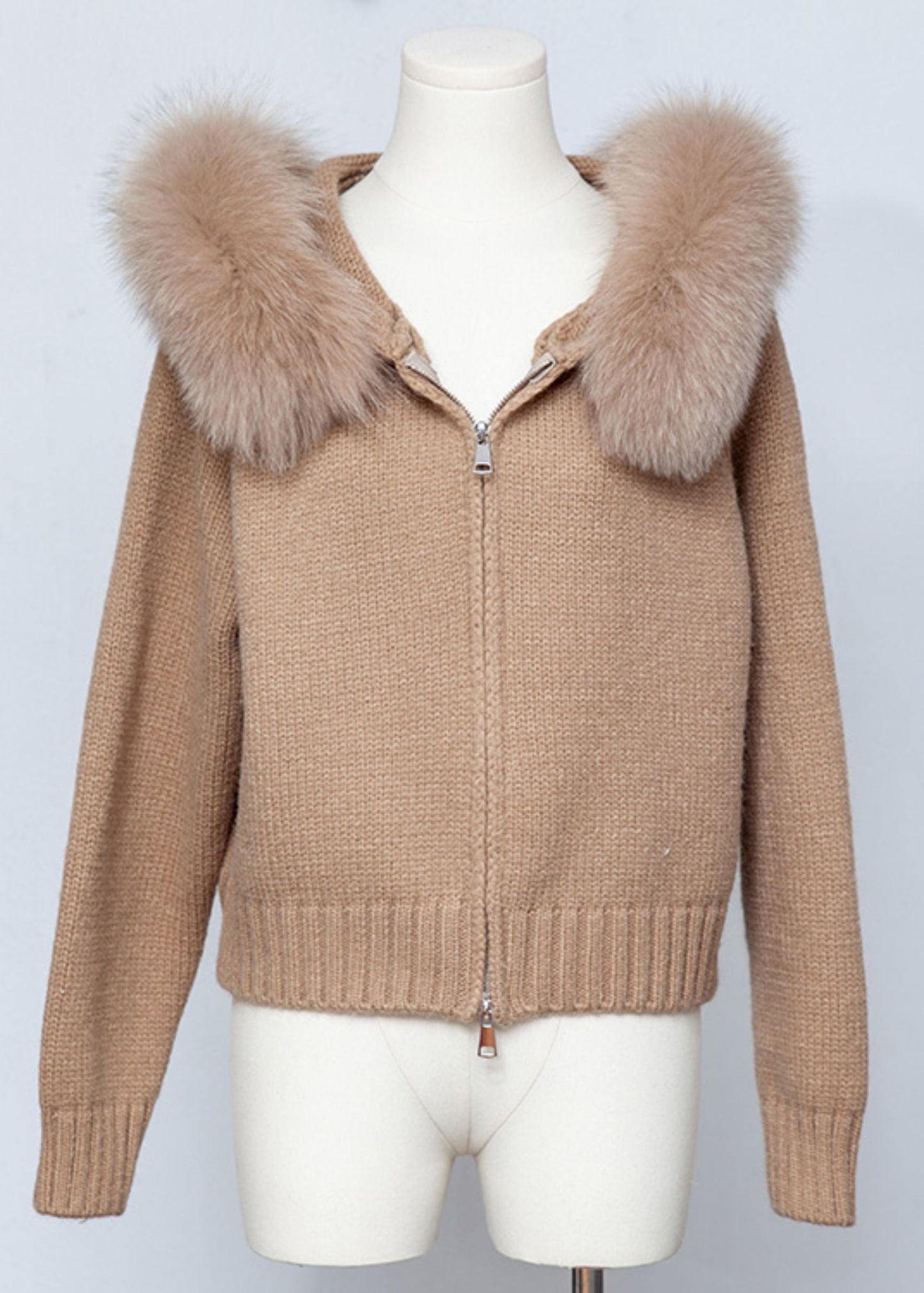 Kaffeebraune, einfarbige Strick-Frühlingsmäntel mit Kapuze und Reißverschluss, Patchwork-Design