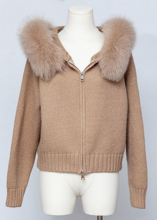 Kaffeebraune, einfarbige Strick-Frühlingsmäntel mit Kapuze und Reißverschluss, Patchwork-Design