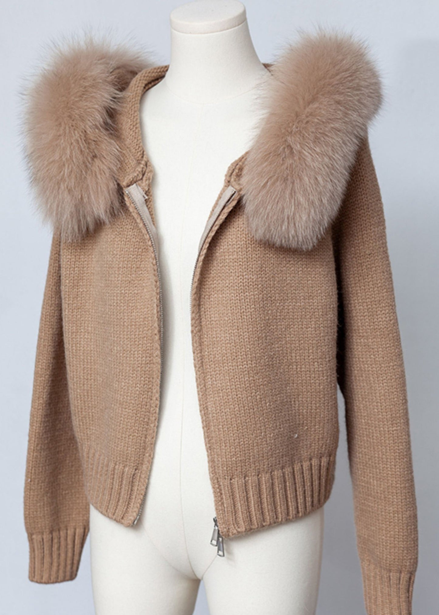 Kaffeebraune, einfarbige Strick-Frühlingsmäntel mit Kapuze und Reißverschluss, Patchwork-Design