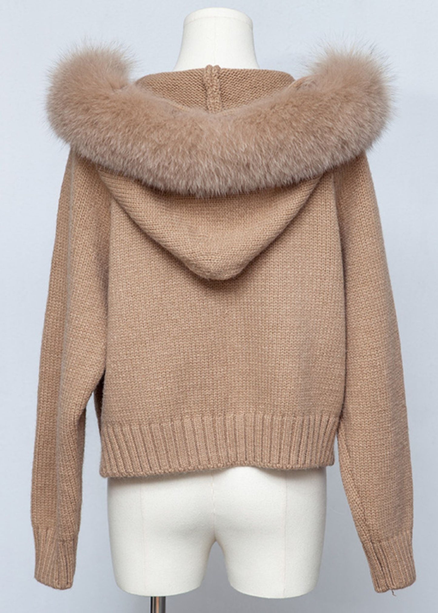 Kaffeebraune, einfarbige Strick-Frühlingsmäntel mit Kapuze und Reißverschluss, Patchwork-Design