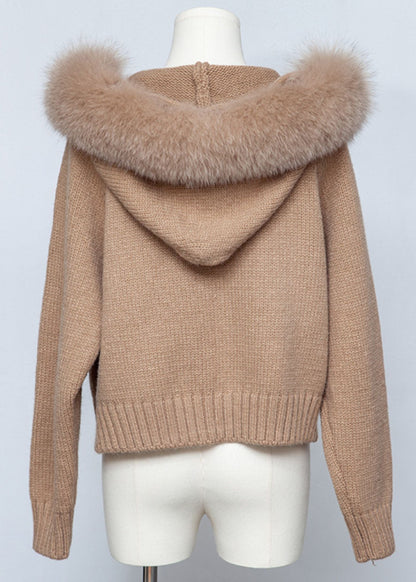 Kaffeebraune, einfarbige Strick-Frühlingsmäntel mit Kapuze und Reißverschluss, Patchwork-Design