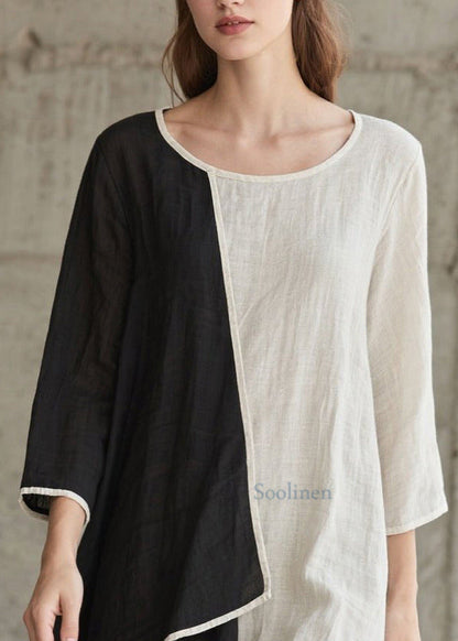 Baumwollkleid im Patchwork-Stil mit Farbblock-Design und asymmetrischen Armbandärmeln