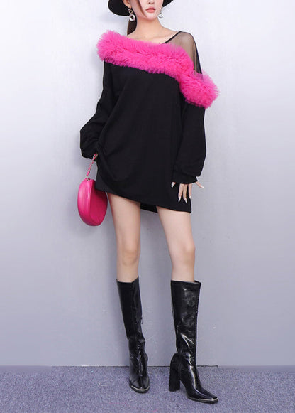 Minikleid aus Baumwolle mit Farbblock-Patchwork-Design, One-Shoulder-Kleid für den Frühling