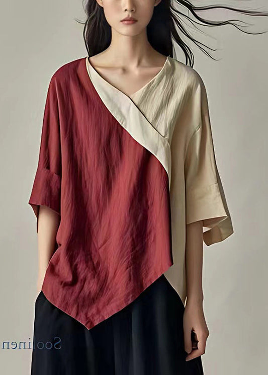 Colorblock Patchwork Leinenhemd V-Ausschnitt Asymmetrisch Sommer