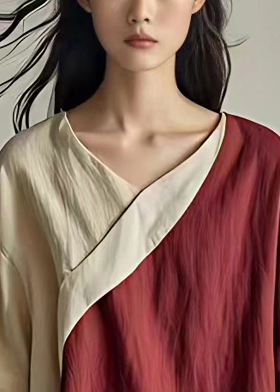 Colorblock Patchwork Leinenhemd V-Ausschnitt Asymmetrisch Sommer