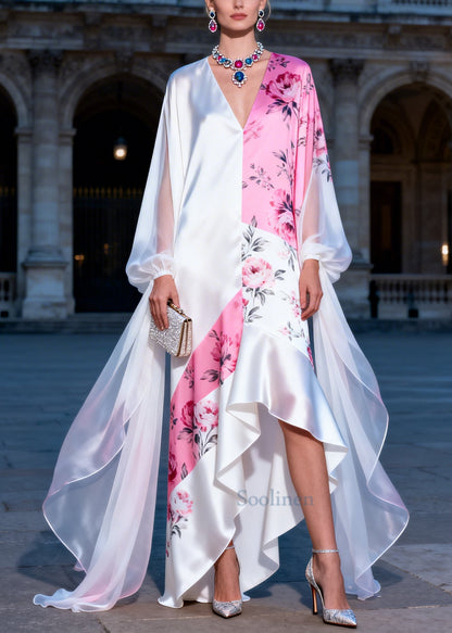 Colorblock Patchwork Silk Dinner Dress Asymmetrical Low High Design Summer