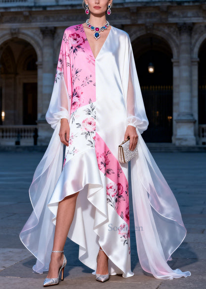 Colorblock Patchwork Silk Dinner Dress Asymmetrical Low High Design Summer