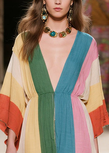 Colorblock Print Cotton Holiday Dress Deep-V Neck Summer