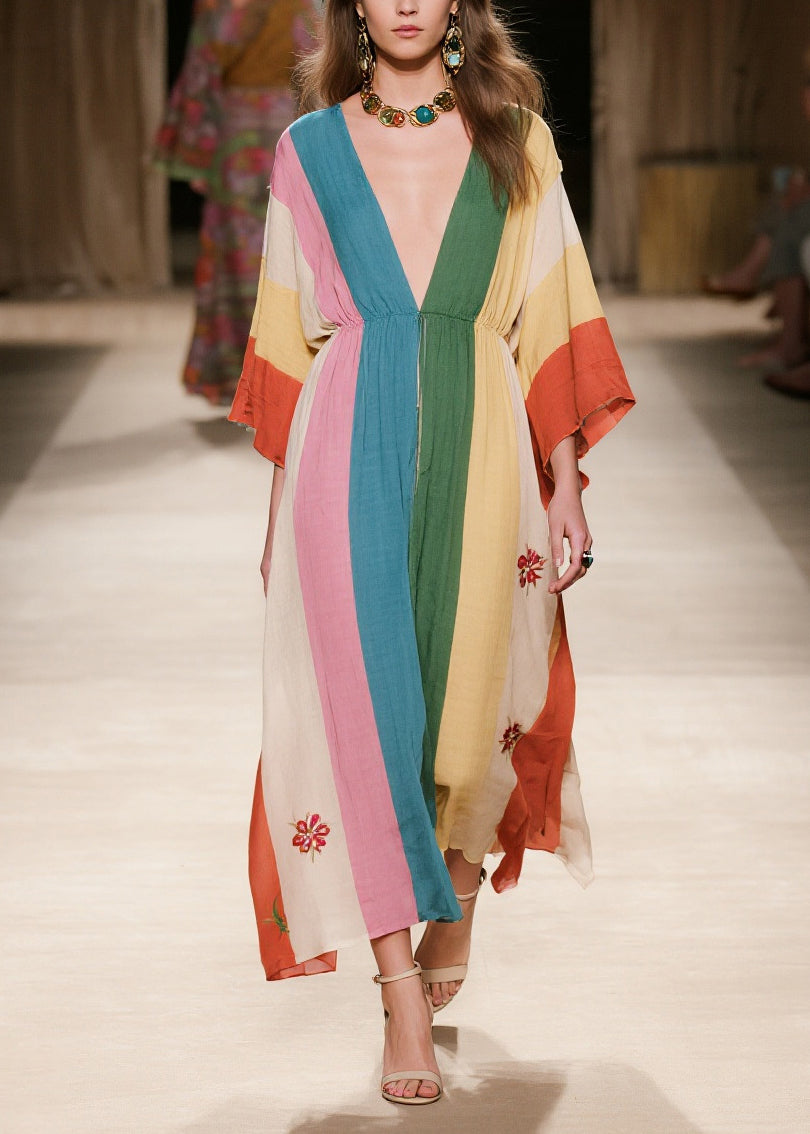 Colorblock Print Cotton Holiday Dress Deep-V Neck Summer