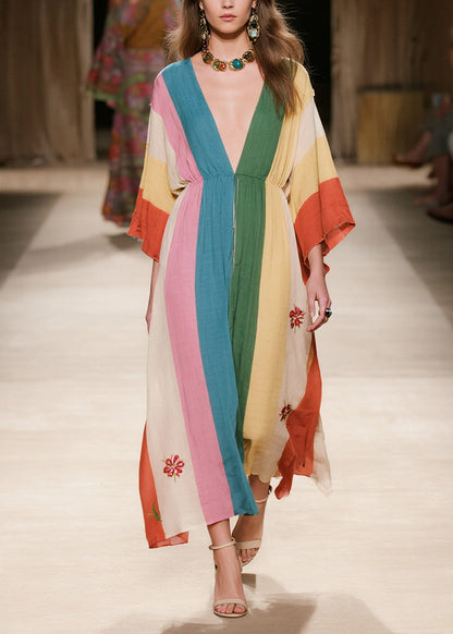 Colorblock Print Cotton Holiday Dress Deep-V Neck Summer