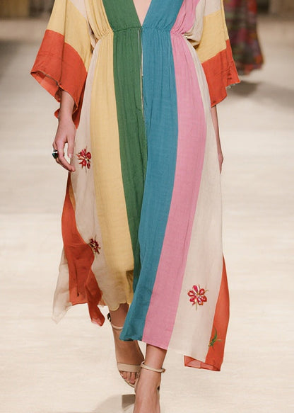 Colorblock Print Cotton Holiday Dress Deep-V Neck Summer